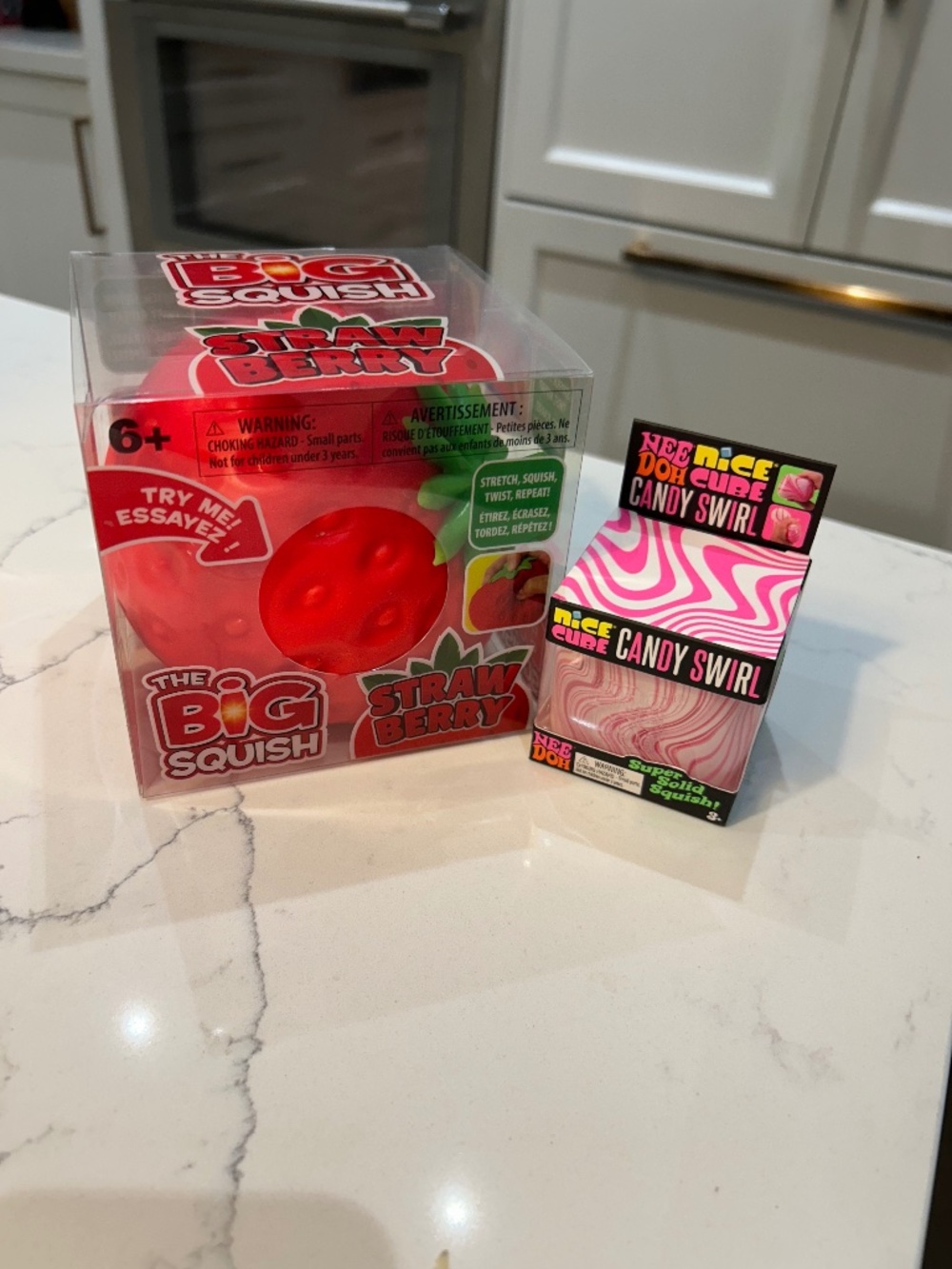 NeeDoh Candy Swirl Nice Cube & Big Squish Jumbo Strawberry Sensory Toy Bundle